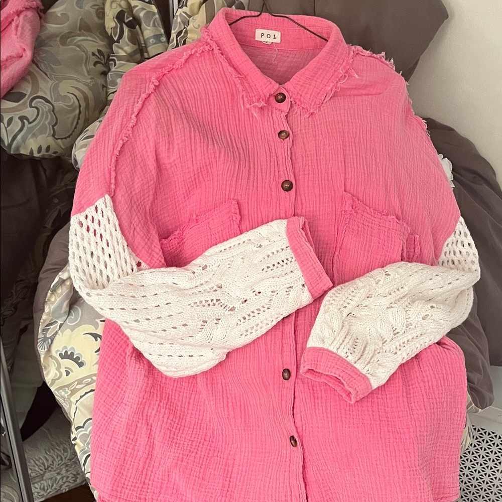 POL Vibrant Pink Shirt with White Knit Sleeves